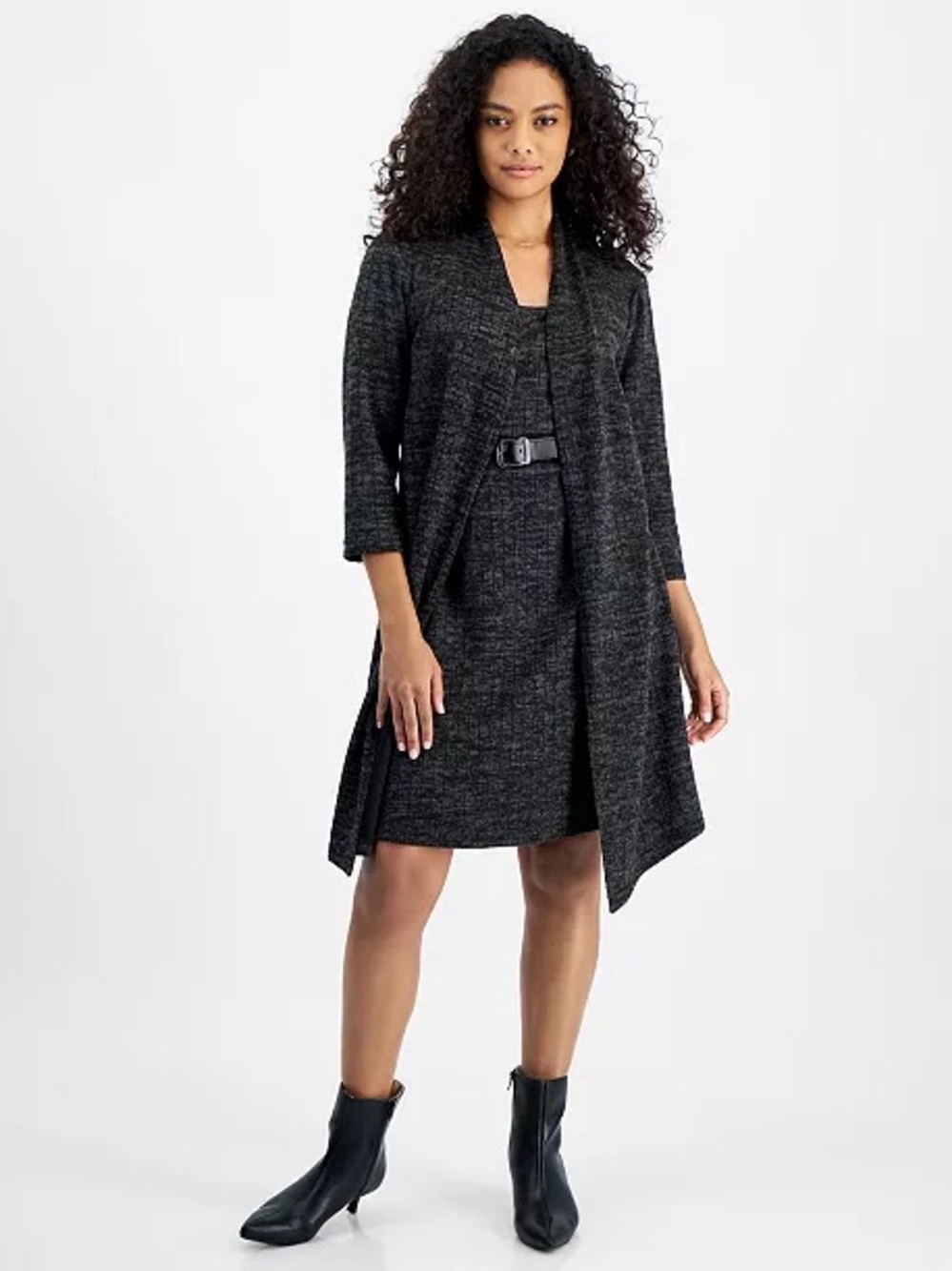 connected apparel Charcoal Gray Belted Midi Dress with Longline Duster